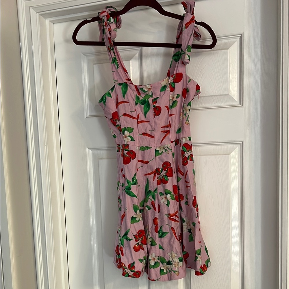 Zara dress. Adjustable tie shoulders. Side zipper. Pink with cherries. XS